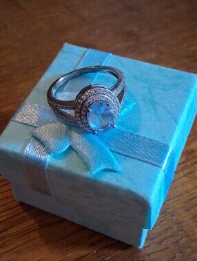Sterling Silver Blue Gem Halo Ring - Blue